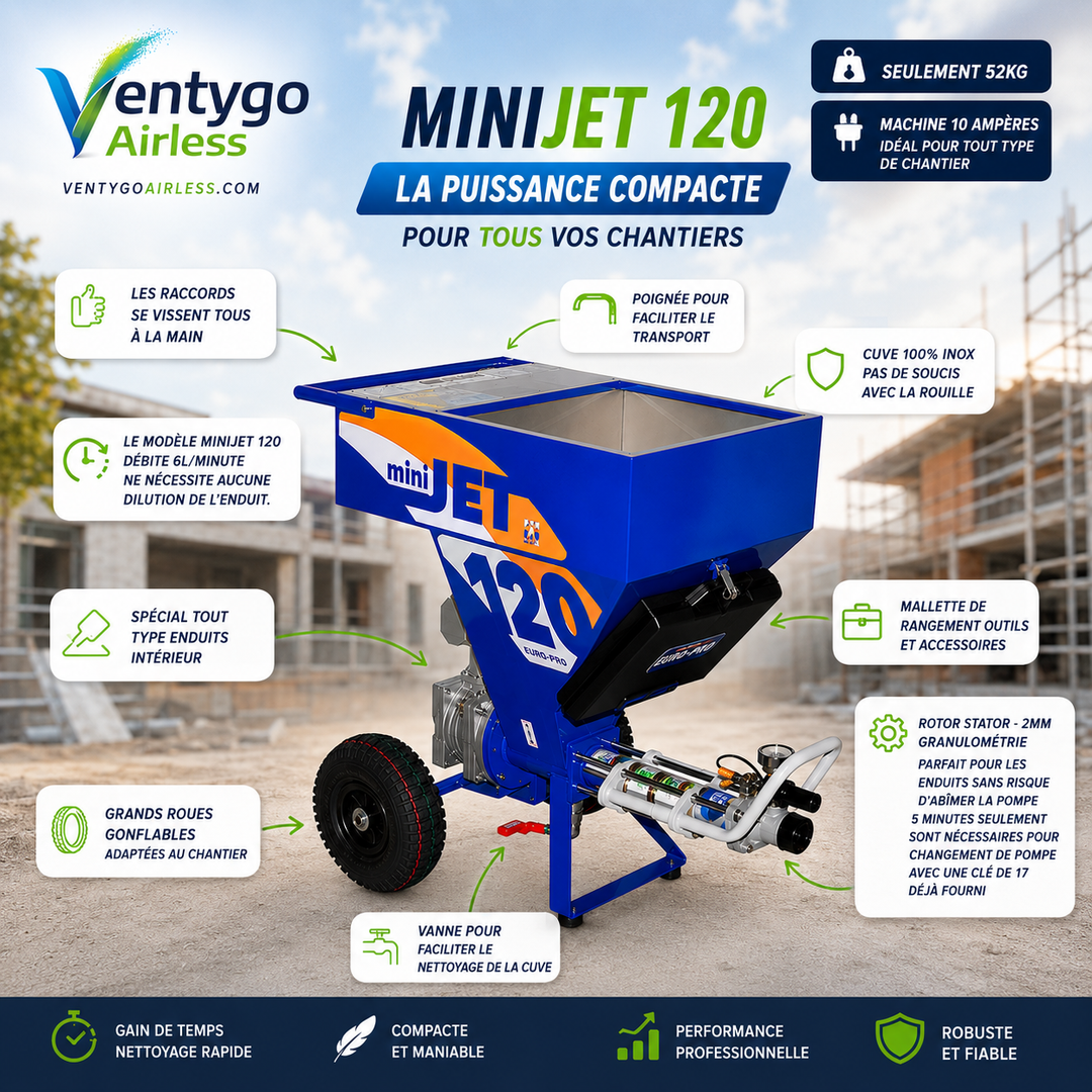 Machine à Enduire MiniJet 120 Euromair — 120 Bar — 6 L/min — Châssis Diable Mobile